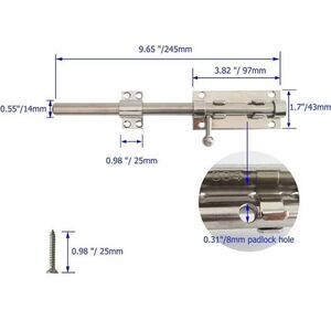 Barrel Bolt Latch Heavy Duty, 304 Stainless Steel with Padlock Hole, 14mm Dia.